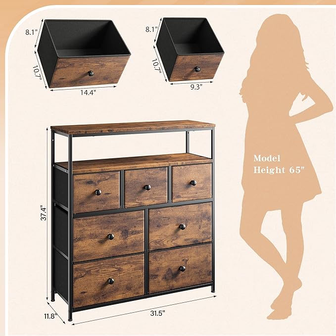 EnHomee Tv Stand for Bedroom with 7 Fabric Dressers and 2 Shelves，Dressers & Chests of Drawers for Closet，Hallway，Entryway，Dormitory，Clothes Storage，Rustic Brown