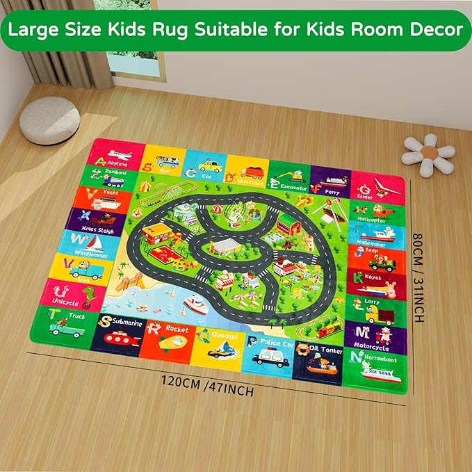 Kids Rugs Traffic Road Carpet Play Rug 47"×31.5" for Playroom Transportation ABC Educational Mat Alphabet Area Rug, Kid Playtime Collection Toddler Car Track Rug Cute Cartoon Animal Letters