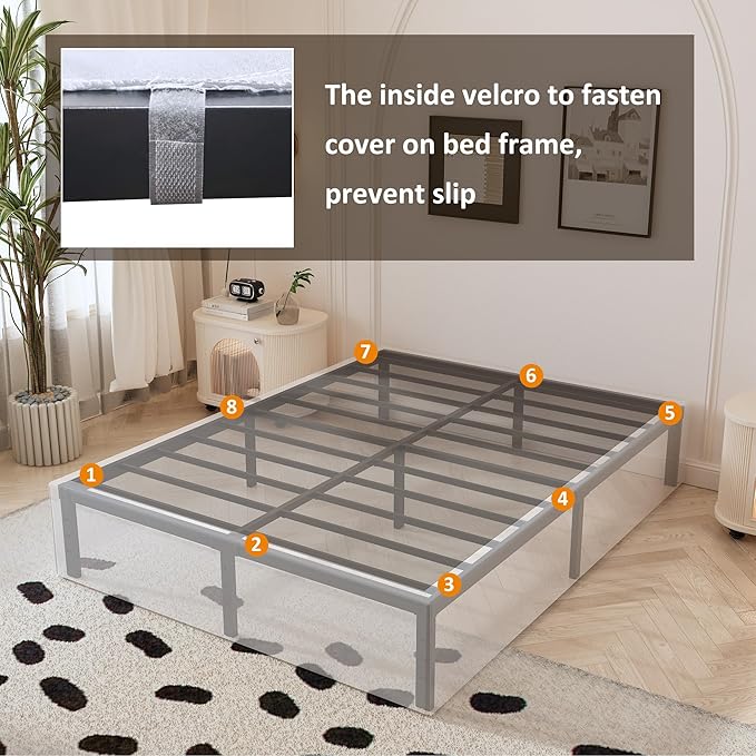Bed Frame Queen Size with White Fabric Cover 14 Inch, Heavy Duty Metal Queen Bed Frame, No Box Spring Needed, Support Up to 3000 lbs, Easy Assembly, Noise Free, Black