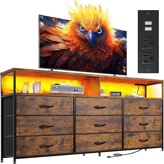 EnHomee 55” W Dresser for Bedroom with Charging Station & LED, 65" TV Stand for Bedroom with 9 Fabric Drawer & Open Storage Shelves for Closet, Rustic Brown, 11.81" D x 55.12" W x 35.43" H