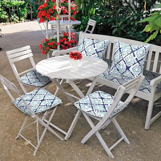 Set of 2 Outdoor Chair Cushions with Ties,Water Repellent Patio Chair Pads 17"x 16" for Outdoor Furniture,Round Corner Seat Cushions for Garden Yard Kitchen Boho Geometry Blue