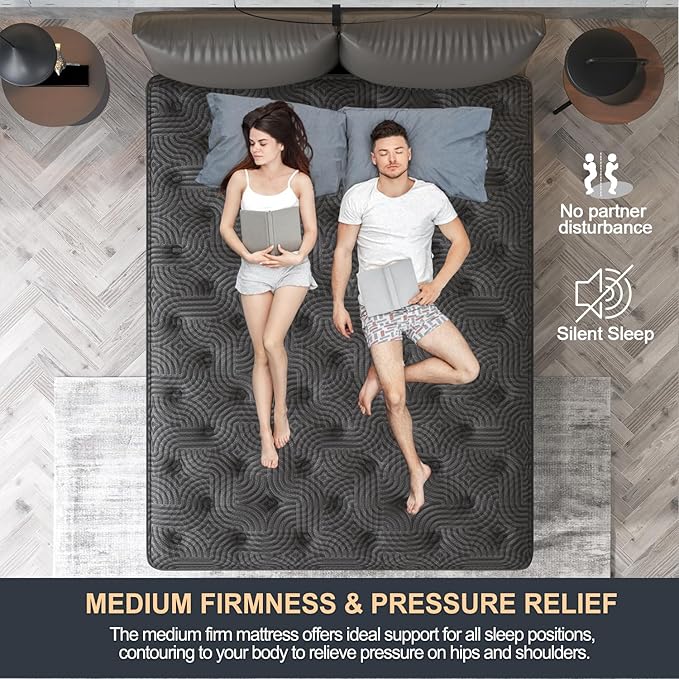 Queen Mattress, 12 Inch Hybrid Mattresses in a Box with Durable Support, Fiberglass Free, Motion Isolation & Individually Poctet, 100 Night Trial, Queen Size, Dark Grey