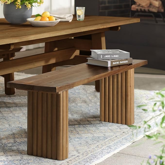 Solid Wood Entryway Bench - 31.5" Fluted Farmhouse Small Bench Indoor Dining Benches Seat Narrow for Entry Way, Kitchen, Living Room and Bedroom, Brown