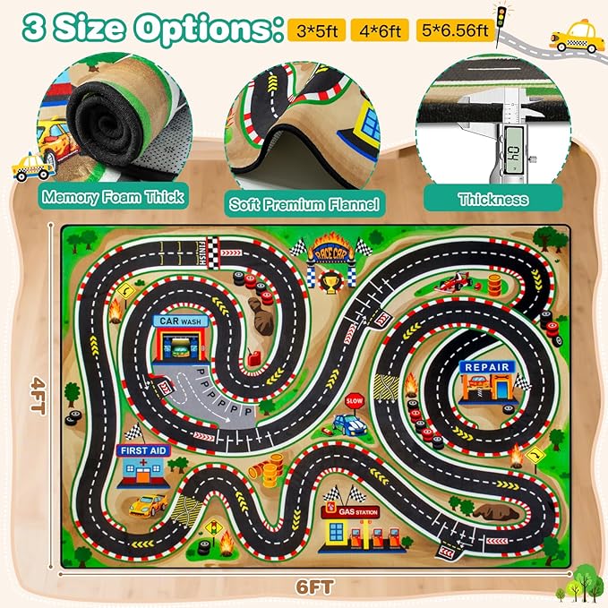Kids Rug, Race Track Baby Play Mats, 4x6 Ft Kids Rug for Playroom,Extra Thick (0.4in) Realistic 3D Cascading Surround Route, Great for Playing with Cars and Toys, Non-Slip Car Carpet
