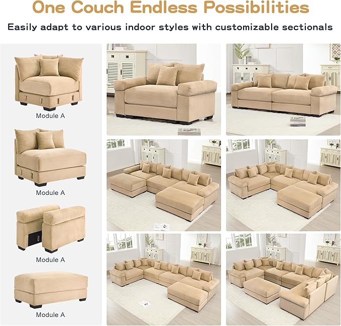 KEIKI 79" L-Shaped Oversized Corduroy Modular Cloud Sectional Sofa with 1 Ottoman, High-Density Foam Cushion, Extra-Thick Armrest, 3-Seater Fluffy Corner Couch with 10 Pillow, for Living Room, Camel