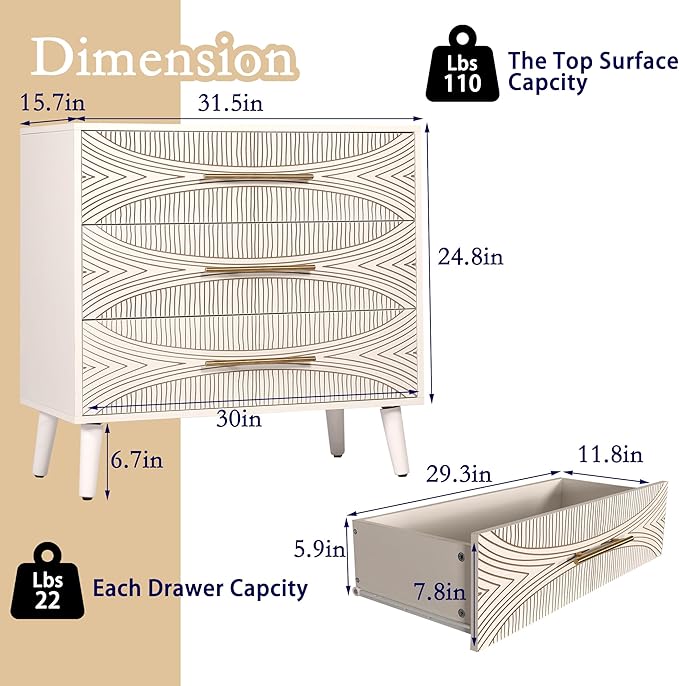 3 Drawer Dresser, White Wooden Dresser with Metal Handles, Bedroom Storage Organizer, Living Room TV Stand, Entryway Furniture, Texture White