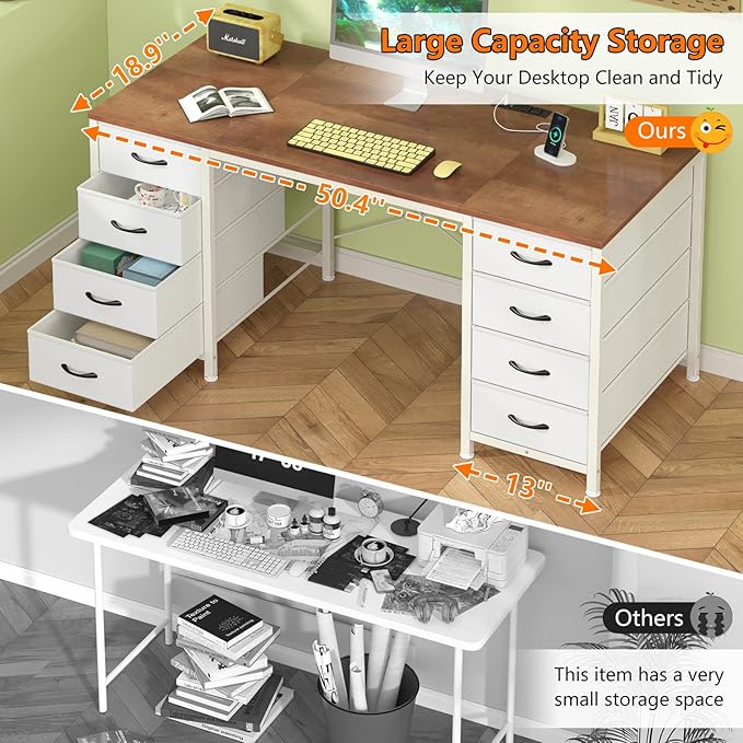 50 Inch Computer Desk with 8 Drawers, Home Office Desk with Power Outlets, Work Study Gaming Desk with 8 Fabric Drawers, Brown and White