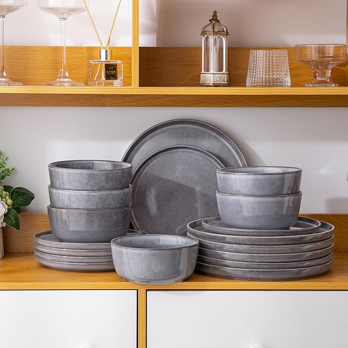 AmorArc Stoneware Dinnerware Sets,Round Reactive Ceramic Plates and Bowls Sets,Highly Scrath Resistant | Dishwasher & Microwave Safe Dishes,Service for 6 (18pc)