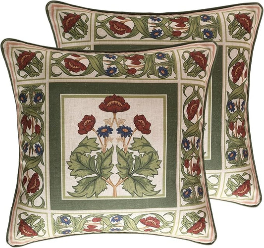 Design Linen Square Throw Pillow Covers 18"x18" Pack of 2, Yellow Green French Cushion Covers with Red Rose Floral Pattern Decoration Pillowcases for Bed, Living Room, Outdoor, Car