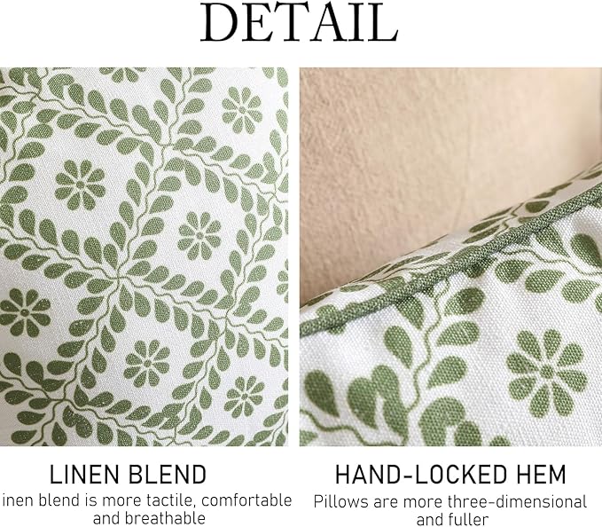 Design Fresh Linen Square Throw Pillow Covers 18"x18" Pack of 2, French White Cottage Cushion Covers with Green Branches Pattern Decoration Pillowcases for Bed,Living Room,Outdoor,Car