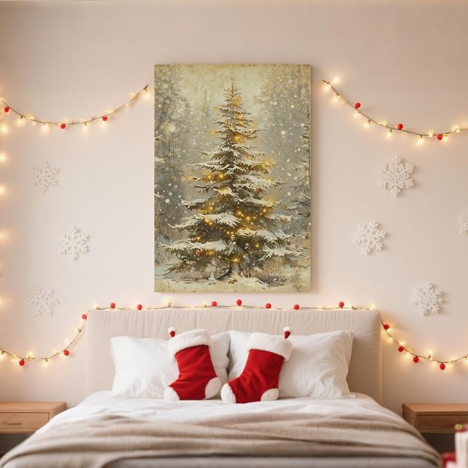 Framed Christmas Pictures Wall Decor,Vintage Pine Tree Prints,Winter Christmas Canvas Wall Art Decoration for Bedroom Bathroom Living Room Rustic Xmas Holiday Gifts (Christmas Tree 2, 24'' X 36'')
