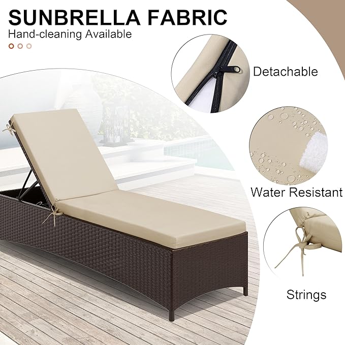 Crestlive Products Sunbrella Chaise Lounge Cushion, Outdoor Chair Cushion for Patio Furniture, Waterproof Lounge Cushions for Pool, Deck, Lawn, 72''L x 21''W, Canvas Antique Beige