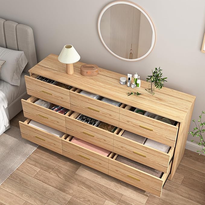 9 Drawer Dresser for Bedroom,63'' Long Dresser with Deep Drawer,Modern Wood Chest of Drawer, Bedroom Storage Furniture,TV Stand for Living Room