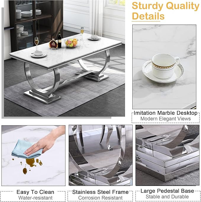 Goujxcy 5 Piece Marble Dining Table Set for 4, Luxury 70" White Marble Silver Kitchen Table with 4 Black Velvet Upholstered Chairs, Modern 4 Person Dining Room Table Set for Kicken Dining Office Room
