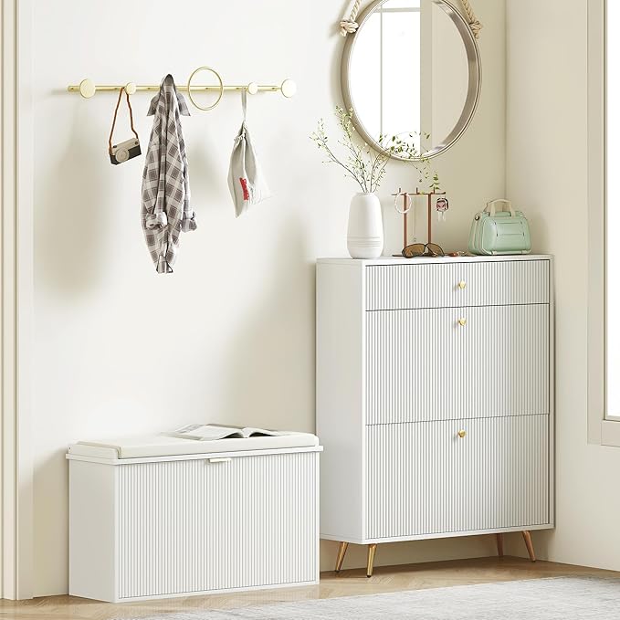 HOMCOM Narrow Shoe Bench with Padded Seat Cushion and Flip-Drawer, Small Entryway Bench Holds up to 265lb, Shoe Cabinet, 31.5x10.2x18.7 Inches, White
