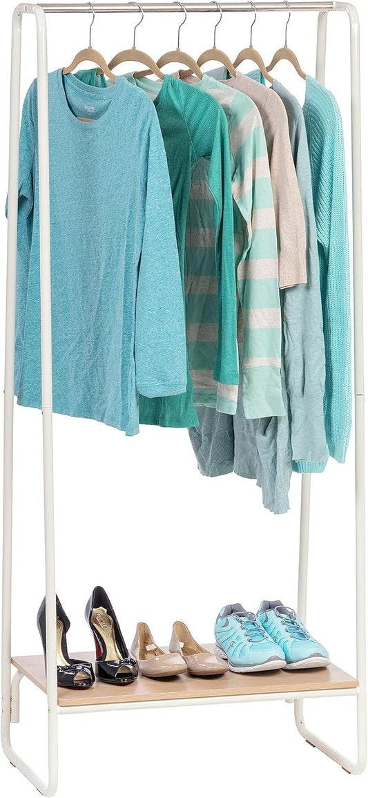 IRIS USA Clothes Rack for Hanging Clothes with Bottom Wood Shelf, Freestanding Clothing Rack, Easy to Assemble Garment Rack, Metal, Sturdy Design, Multipurpose, Small Space Storage Solution, White