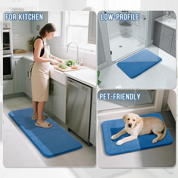 Yimobra Memory Foam Bath Mat, Super Soft Absorbent Bathroom Rug Non Slip 24x17 Inch, Quick Dry, Machine Washable Floor Carpet for Tub Shower, Home Decor Accessories, Blue