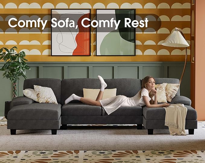 Furmax Sectional Couches for Living Room, U-Shaped Sofa Couch with Linen Fabric, 4 Seat Sofa Set with Double Chaise for Apartment (Corduroy, Dark Grey)