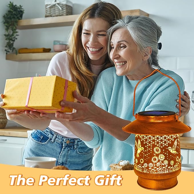 Hummingbird Solar Lanterns Outdoor Garden Decor, Sunflower Gifts for Women Mom Grandma Birthday Hanging Metal Solar Lights Waterproof Decoration for Garden Yard Lawn Patio