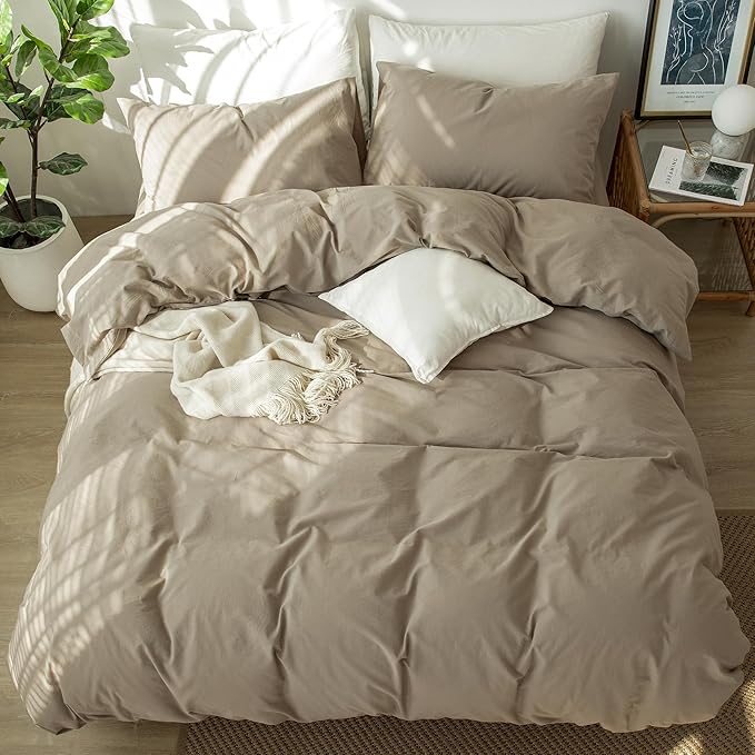 MooMee Bedding Duvet Cover Set 100% Washed Cotton Linen Like Textured Breathable Durable Soft Comfy (Solid Light Camel, Palatial King/Oversized King 120"x98")
