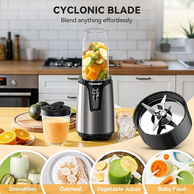 TECKNET 600W Bullet Blender for Smoothies, Small Personal Nutri Blender for Protein Shakes and Smoothies, Coffee Mixer with 2 BPA-Free Cup, Portable Countertop Grinder Combo Kitchen Appliances