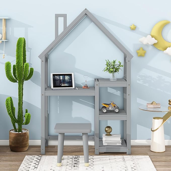 2-in-1 Kids Writing Desk and Bookshelf, 72 inch Tall House-Shaped Wooden Desk for Kids, Built-in 3-Tier Storage Shelves, Anti-Tipping Device, Ideal for Bedroom, Playroom, Learning (Grey)