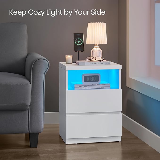VASAGLE Nightstand with Adjustable LED Light, Bedside Table with Drawers, Side Table, for Bedroom, Modern Minimalist Style, White ULET634T14