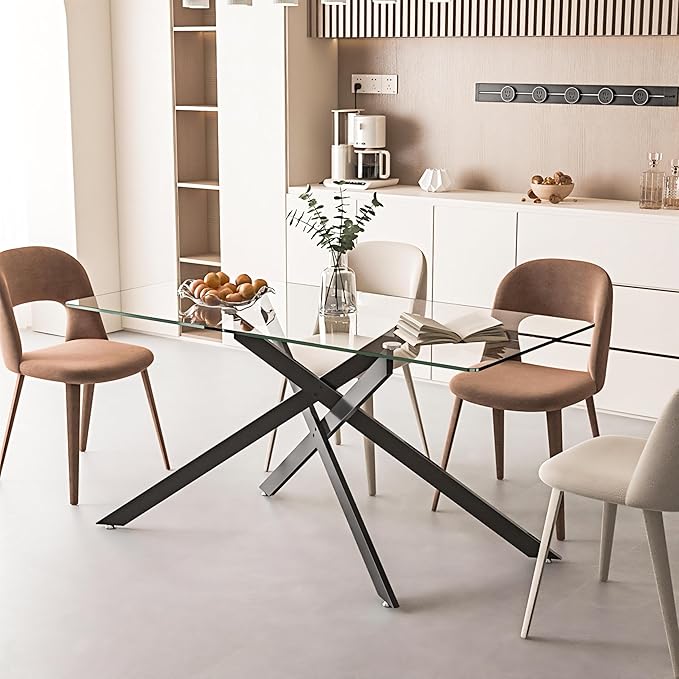 60.6'' Tempered Glass Dining Table for 4-6 People, Rectangle Kitchen Table with Black X-Base Metal Legs, Adjustable Feet, Glass Top Desk for Home Office Glass Dining Room Table for 6