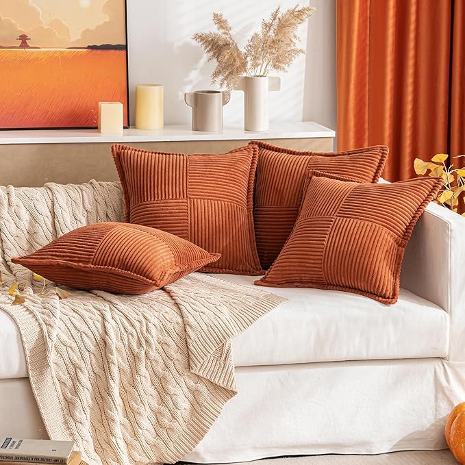 MIULEE Rust Fall Decorative Throw Pillow Covers for Couch Bed Livingroom 12x12 Inch Set of 2 Boho Accent Throw Pllows Broadside Striped Patchwork Soft Corduroy Pillowcases