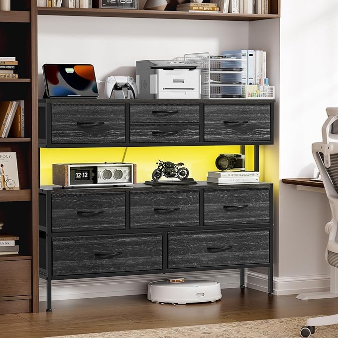 REAHOME Dresser TV Stand with Charging Station and LED Lights, 55” TV Stand Entertainment Center with 9 Drawers, Steel Frame, Large Storage Chest of Drawers for Bedroom, Living Room, Charcoal Black