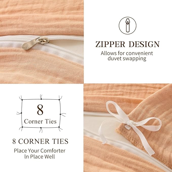 MEISHANG Muslin Duvet Cover King Size - 100% Organic Cotton, Soft Textured Gauze Weave Comforter Cover for Breathable All-Season with Zipper Closure - 3 Piece Set (King, Cameo Rose)