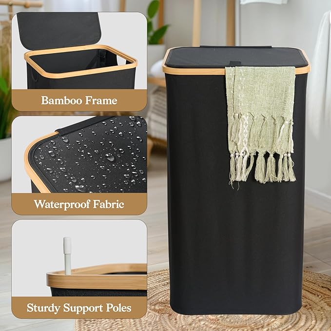 Laundry Hamper with Lid, Large Tall Clothes Basket Bin with Bamboo Handles, Collapsible Laundry Hamper for Bedroom, Bathroom, Dorm, Laundry Room, 100L Black