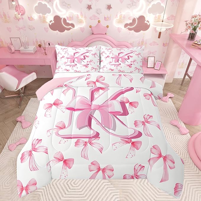 jejeloiu Kids Girls Cute Pink Bow Comforter Set Full Size Monogrammed Bedding Set Ultra Soft Personalized Initial K Duvet Quilt Coquette Bow Knot Quilt Set Room Decor Modern Fashion Comforter
