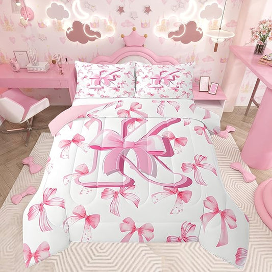 jejeloiu Kids Girls Cute Pink Bow Comforter Set Full Size Monogrammed Bedding Set Ultra Soft Personalized Initial K Duvet Quilt Coquette Bow Knot Quilt Set Room Decor Modern Fashion Comforter