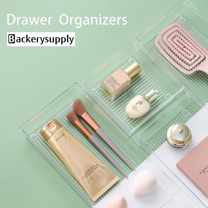 Backerysupply 4 Pack Storage Bins For Bathroom Cosmetic Makeup Vanity Clear Plastic Desk Drawer Organizers Tray Kitchen Utensils Silverware Dividers 15"x6"x2"