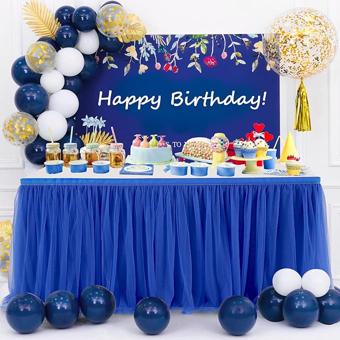 Royal Blue Tulle Table Skirt for Rectangle Tables or Round Tables 14ft Tutu Table Cloth Cover for Baby Shower, Wedding Reception, Bridal Shower, Birthday Party, Graduation, Banquet Decorations