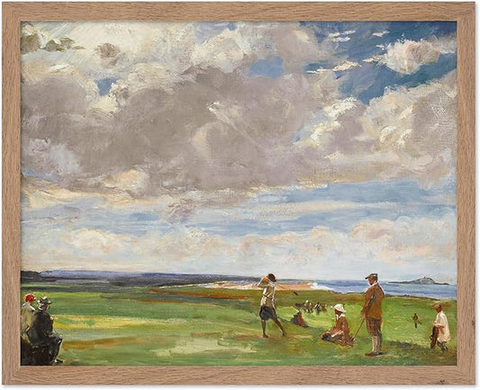 Poster Master Vintage Lady Astor Playing Golf at North Berwick Painting Poster - Retro Golf Course Print - Golf Art - Sports Art - Landscape Art - Office or Living Room Decor, 11x14 Beige Framed