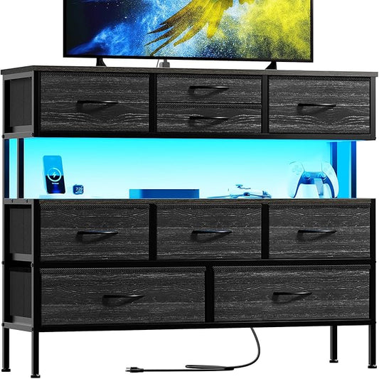REAHOME Dresser TV Stand with Charging Station and LED Lights, 55” TV Stand Entertainment Center with 9 Drawers, Steel Frame, Large Storage Chest of Drawers for Bedroom, Living Room, Charcoal Black
