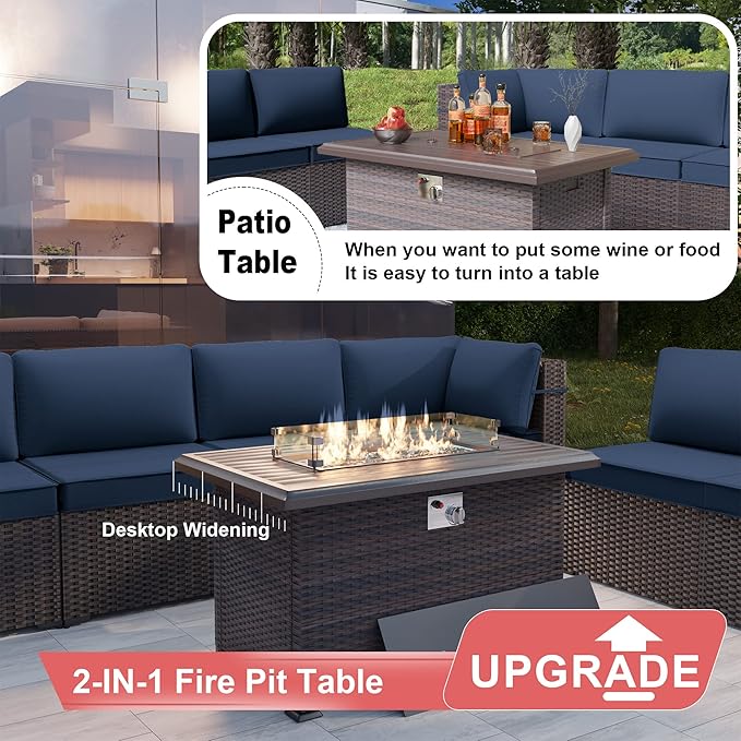 Kurapika 8 Pieces Patio Furniture Set, Rattan Wicker Outdoor Conversation Sets w/43in Propane Fire Pit Table and 4 Inch Cushion(Navy Blue)