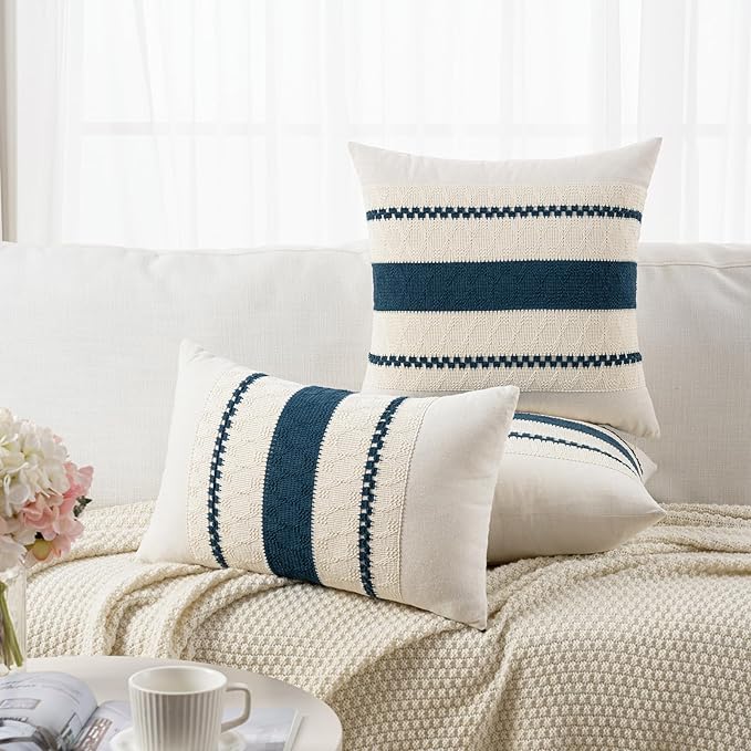 Fancy Homi Set of 2 Boho Teal Decorative Throw Pillow Cover 22x22 Inch for Couch Bed Sofa, Aesthetic Modern Organic Farmhouse Home Decor, Soft Cotton Cute Accent Macrame Woven Cushion Case