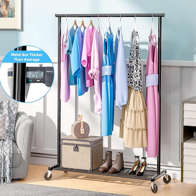 Clothing Clothes Rack on Wheels, Heavy Duty Portable Wardrobe for Hanging Clothes, Garment Rack with Bottom Mesh Shelf, Black