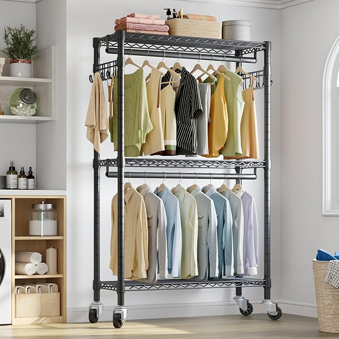 VIPEK R2 Heavy Duty Rolling Garment Rack 3 Tiers Adjustable Clothes Rack with Double Rods & Hooks, Freestanding Wardrobe Closet Storage Rack Metal Clothing Rack for Hanging Clothes, Black