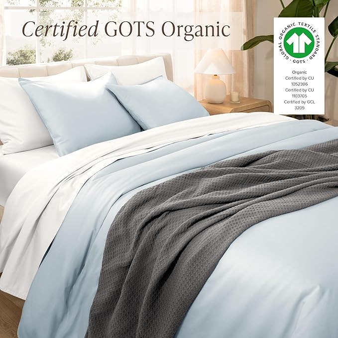 Bare Home 100% Organic Cotton Sateen Duvet Cover Set - Twin/Twin Extra Long - 400 Thread Count - Smooth Sateen Weave - Warm & Luxurious - Duvet Cover (Twin/Twin XL, Winter Blue)