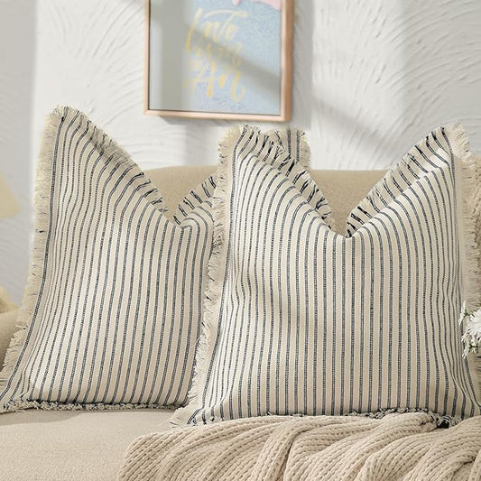 ZWJD Throw Pillow Covers 24x24 Set of 2 Striped Pillow Covers with Fringe Chic Cotton Decorative Pillows Square Cushion Covers for Sofa Couch Bed Living Room Farmhouse Decor