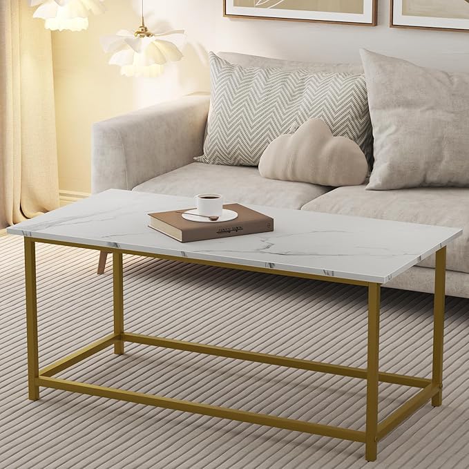 SAYGOER White Faux Marble Coffee Table Simple Modern Rectangular Coffee Tables Open Design Minimalist Center Table for Living Room Office, 39.37 x 19.69 x 17.72, White Gold