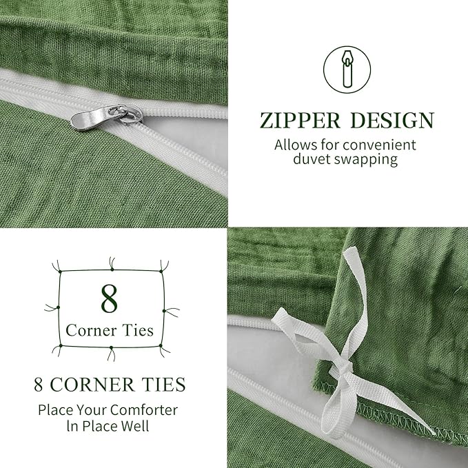 MEISHANG Muslin Duvet Cover King Size - 100% Organic Cotton, Soft Textured Gauze Weave Comforter Cover for Breathable All-Season with Zipper Closure - 3 Piece Set (King, Dusty Green)
