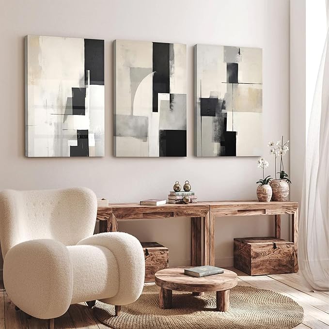 3Pcs Framed Neutral Abstract Canvas Wall Art Floral Pictures Modern Minimalist Posters Prints Beige Black Flower Wall Decoration for Living Room Bedroom Bathroom Office 12x16in