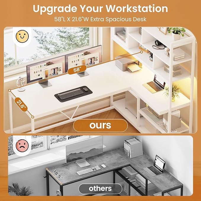 SEDETA L Shaped Computer Desk, 58'' Office Desk with LED Light and Bookshelf, L Shaped Corner Desk with Storage Shelves for Home Office, Gaming Desk, L Desk, White