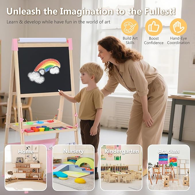 Kinder King 3 in 1 Wooden Kids Easel, Adjustable Double-Sided Art Easel for Kids, Magnetic Whiteboard & Chalkboard, Paper Roller, Art Supplies, Painting Drawing Easel Toddler, Pink