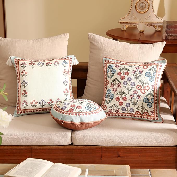 Throw Pillow Covers Set of 4,Cottage Rustic Farmhouse with Wild Flowers Pattern Linen Pillowcases,Decor Lumbar Square Round Pillows Cushion Cover for Couch Sofa Bed Chair Car